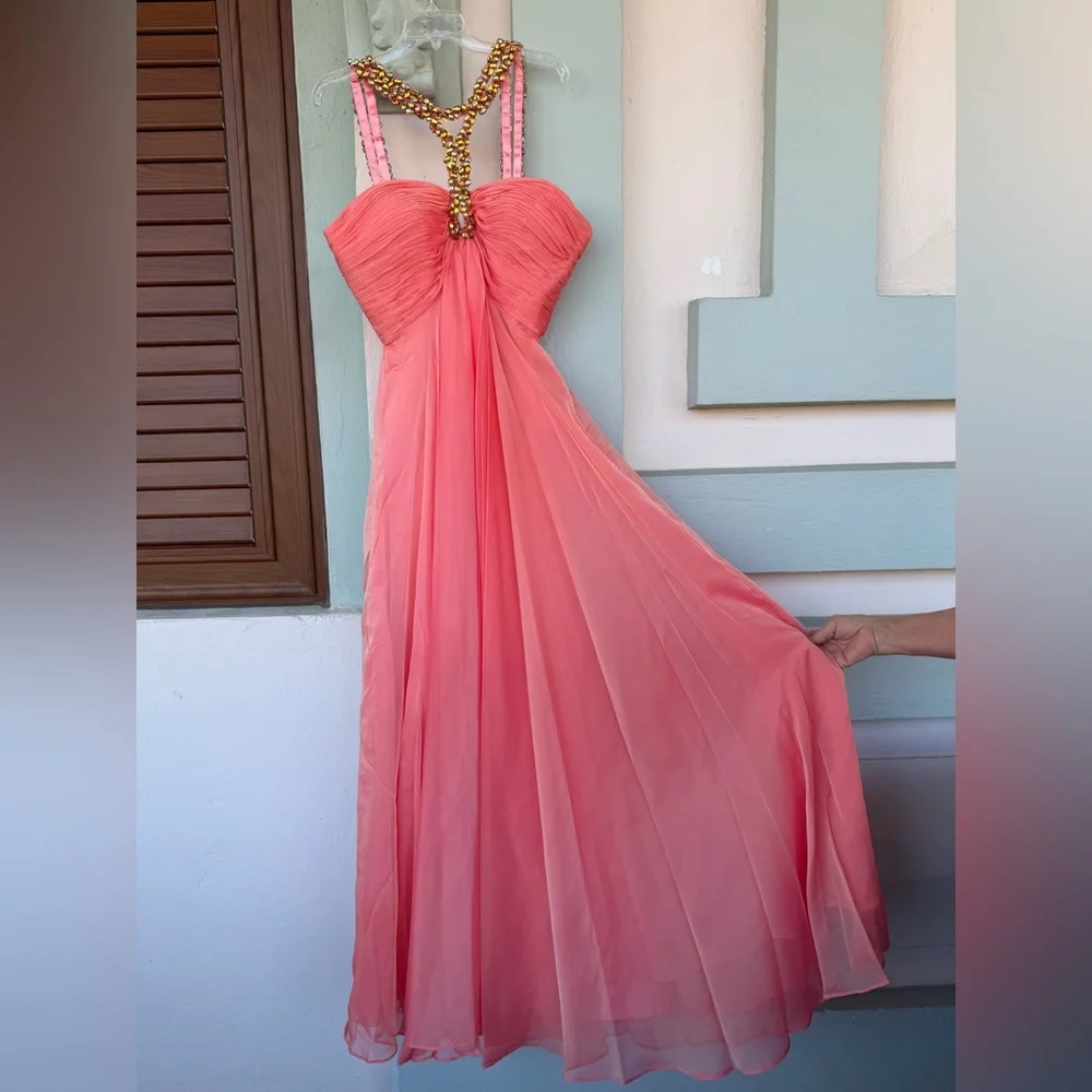 Vintage Salmon Pink Prom Coral Chiffon Dress Beaded Statement Sweetheart 2014 - Picture 2 of 8